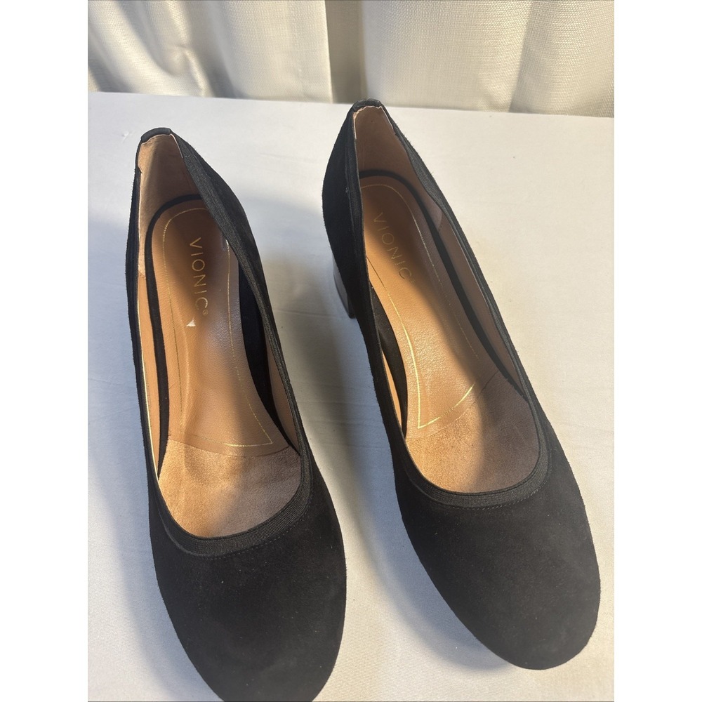 Vionic Natalie Pumps Sz 10 Black Suede Shoes Tortoise Block Heel Career Comfort